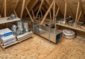 HVAC ductwork materials and metal duct sections in a Muskegon, MI attic