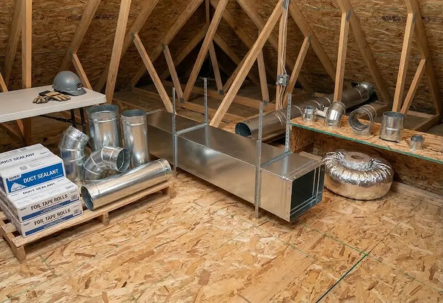 HVAC ductwork materials and metal duct sections in a Muskegon, MI attic